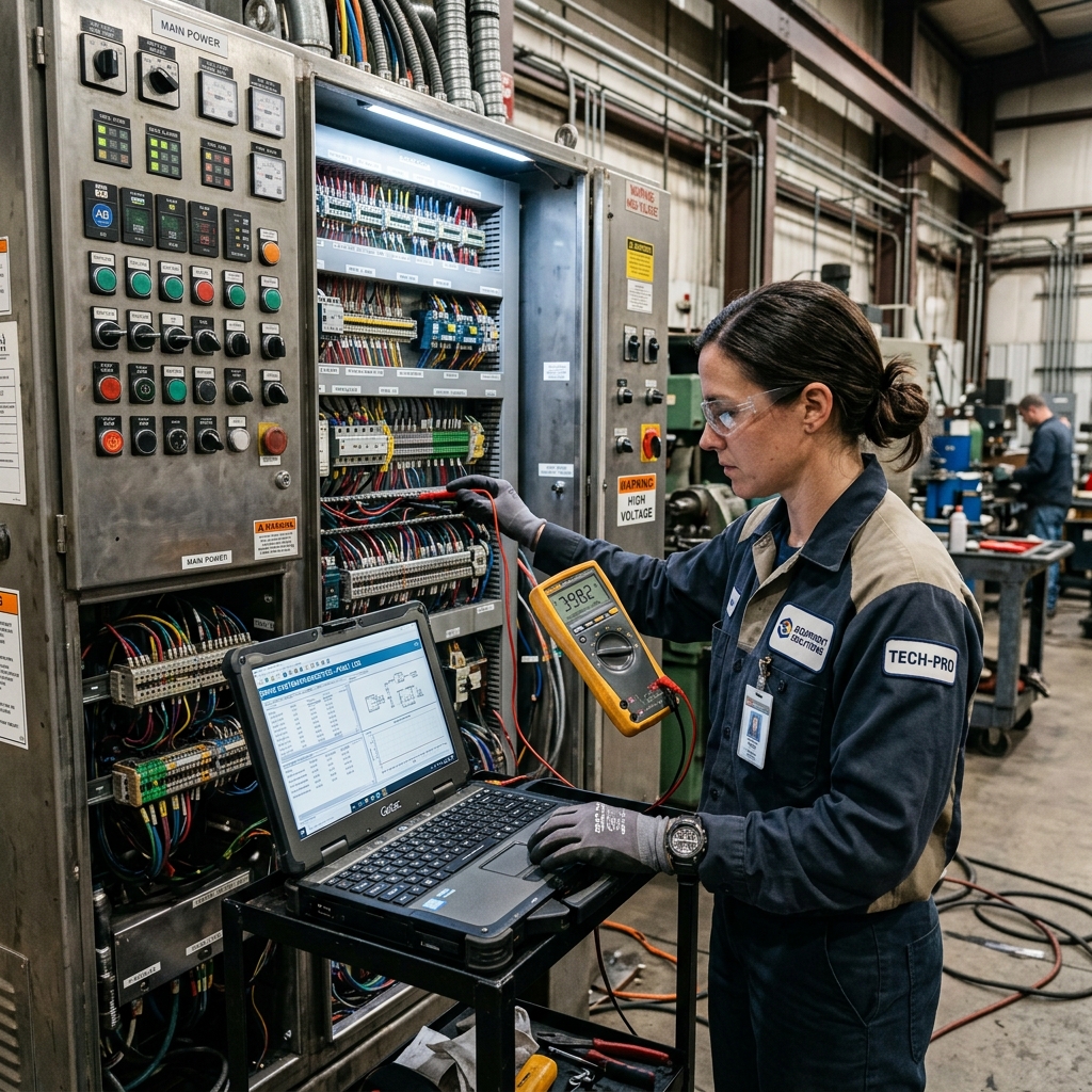 Técnico realizando diagnóstico eléctrico en maquinaria